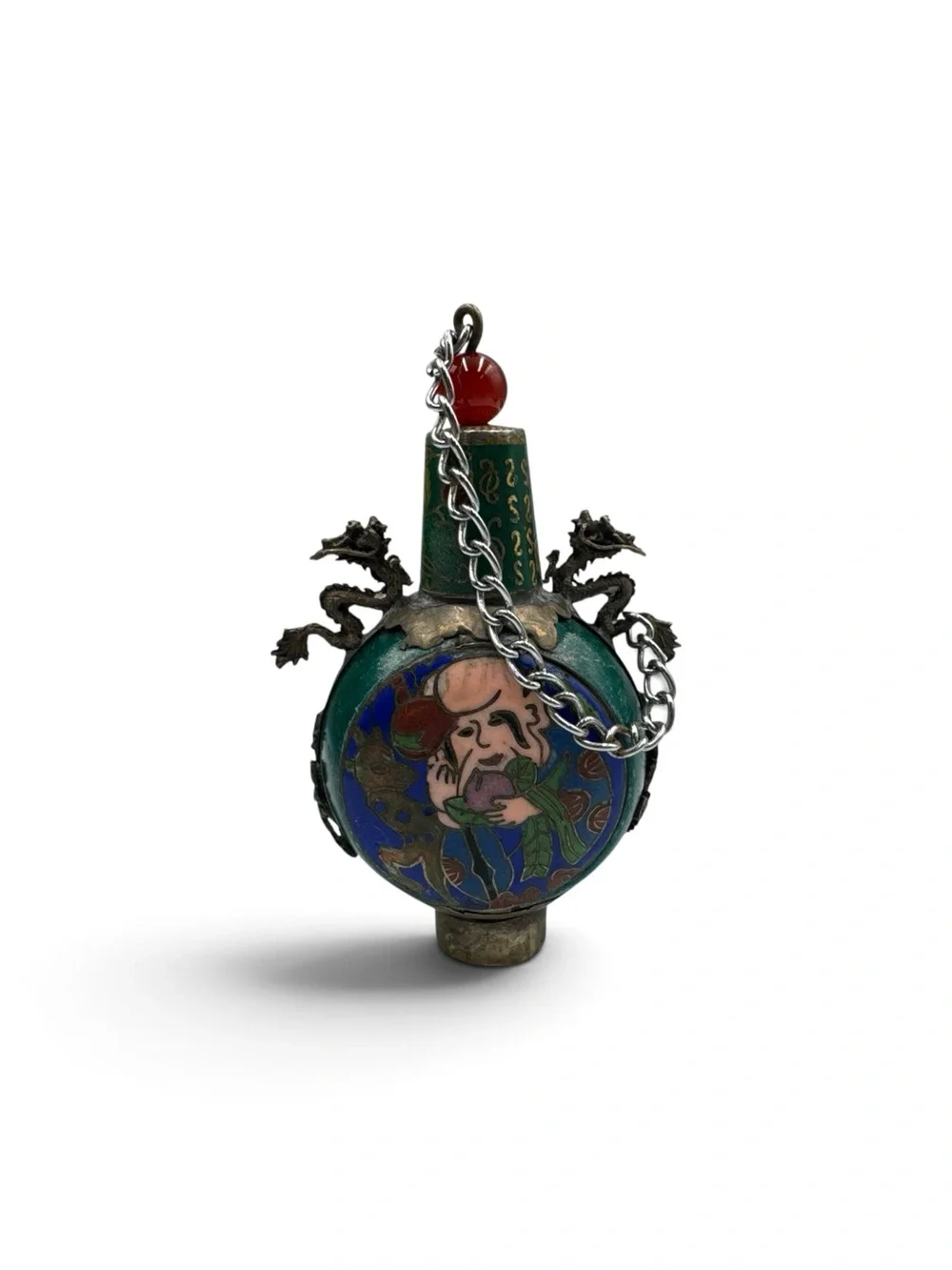 Vintage Malaysia Cloisonné Snuff Bottle Double Dragon Figural 4”